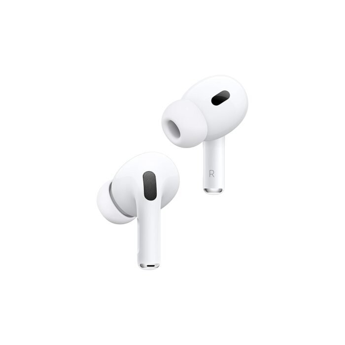 سماعات أذن لاسلكية Apple AirPods Pro (الجيل الثاني) مع شحن USB-C، توفر ضعف عدد سماعات الرأس بتقنية Bluetooth مع خاصية إلغاء الضوضاء النشطة، ووضع الشفافية، والصوت التكيفي، والصوت المكاني المخصص.